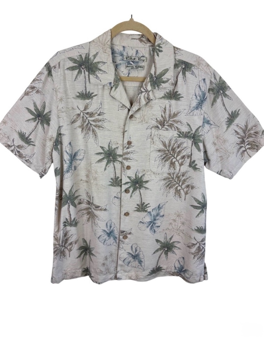 Batik Bay Vintage Mens Medium 100% Silk Tropical Palm Tree Shirt Short Sleeve